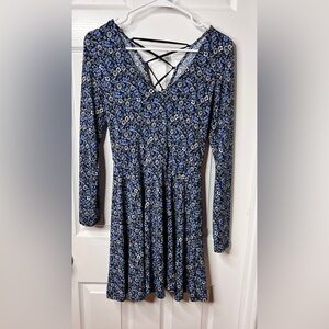 Floral Blue Dress with Crisscross Detail